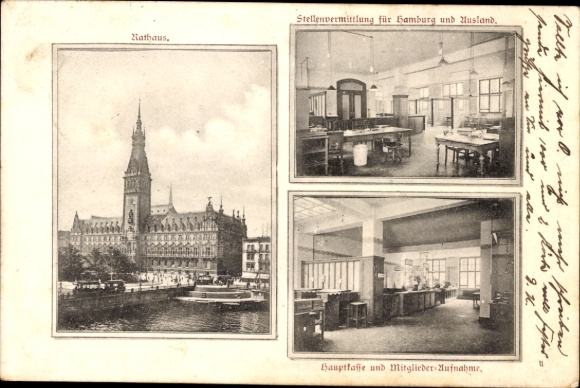 Postcard Hamburg, town hall, association for sales clerks, job placement, main cash register