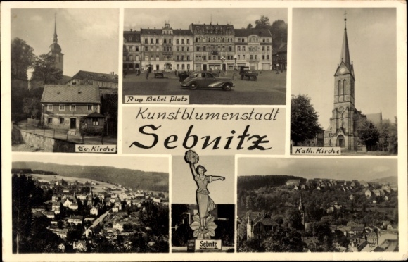 Ak Sebnitz in Sachsen, Kunstblumenstadt, Kirche, Panorama vom Ort, Aug. Bebel Platz