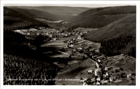 Postcard Enzklösterle in the Black Forest, aerial photograph, forest landscape, spa town, illustration