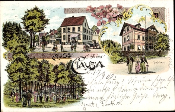 Chromo-Litho Klausa Nobitz, lodging house, garden area, building, street area