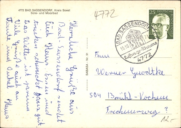 Postcard Bad Sassendorf in Westphalia, Sauerland house, spa gardens, brine and mud baths