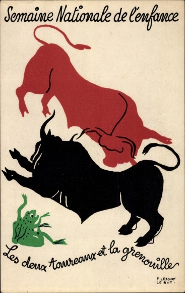 Artist Postcard Lesourt, The two bulls and the frog, Fabel, National Children&#39;s Week