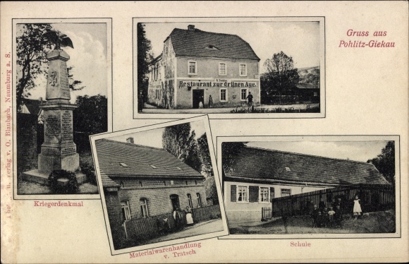 KP Pohlitz Gieckau Wethau, restauracja zur Grünen Aue, pomnik wojenny, szkoła, sklep Tratsch