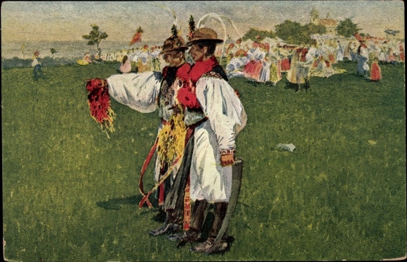 Artists Postcard Uprka, Joza, Z pouti, men in national costumes