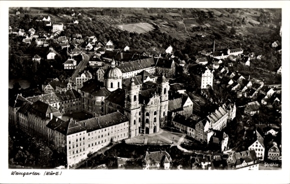 Postcard Weingarten in Württemberg, aerial view of Weingarten, monastery, many houses, green landscape
