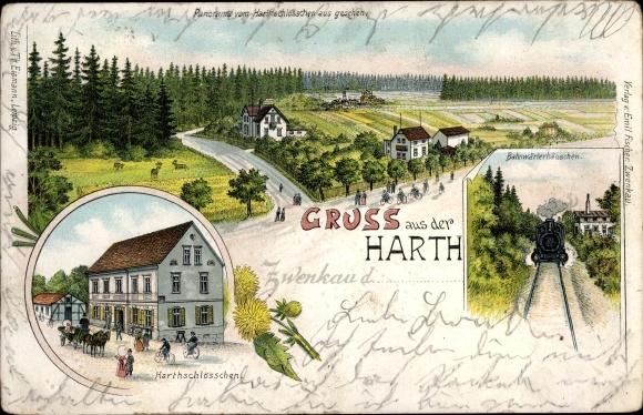 Chromo-Litho Zwenkau in Saxony, gatekeeper&#39;s cottage, panorama from the Harthschlösschen