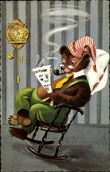 Postcard Humanized Bear in Rocking Chair, Newspaper, Pipe