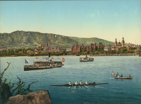 Photo Zurich city Switzerland, Alpenquai and Uetliberg, saloon steamer, rowing boats