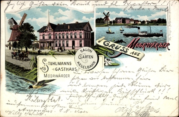 Litho Hamburg Wilhelmsburg Moorwerder Moorwärder, Gasthaus Stuhlmann, Windmühle