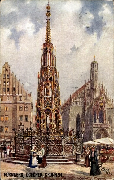 Artist Postcard Flower, Charles, Nuremberg in Middle Franconia Bavaria, Beautiful Fountain