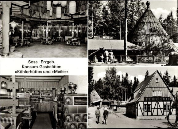 Postcard Sosa Eibenstock in the Ore Mountains, consumer restaurants Meiler and Köhlerhütte