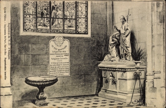 Ak Alencon Orne, Baptistère, Statue, Glasfenster, Inschrift, Religiöse Darstellung