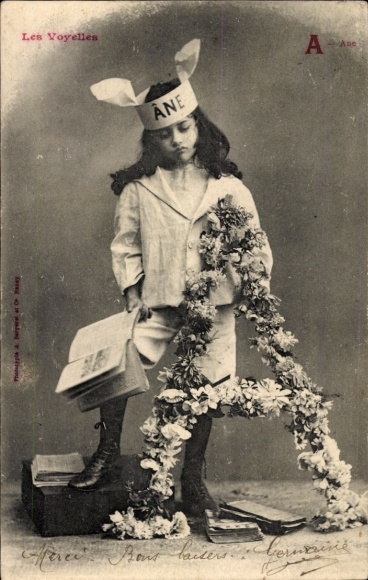 letters Postcard A, girl portrait, flowers