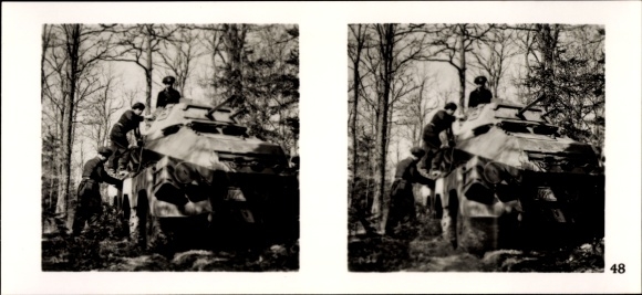 Stereo spatial image photo &quot;The fight in the west&quot;, No. 48 Armored car prepares for enemy travel