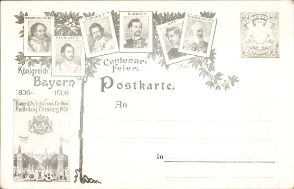 Postwaardestuk ansichtkaart eeuwfeest Koninkrijk Beieren 1906, prins-regent Luitpold van Beieren, Ludwig II.