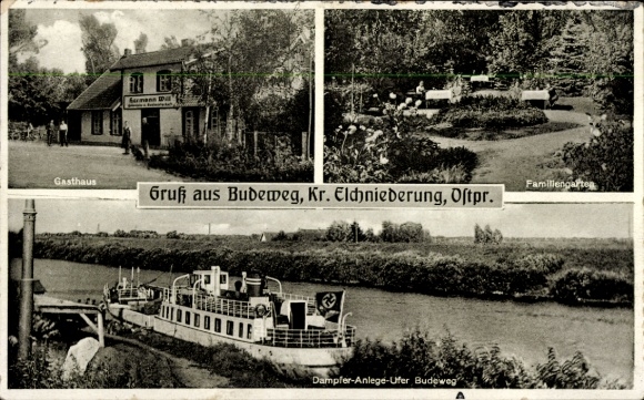 Ak Budeweg Ostpreußen, Gasthaus, Dampfer Anlege-Ufer