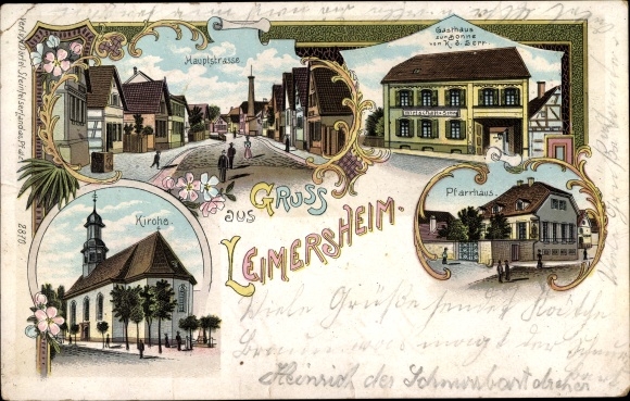 Chromo-Litho Leimersheim Rülzheim in Rhineland-Palatinate, vicarage, Inn zur Sonne, main street, church