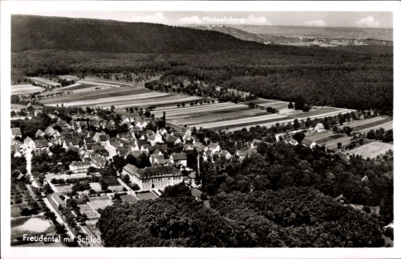 Postcard Freudental in the upper Steinbachtal district of Ludwigsburg, total view of the village with castle