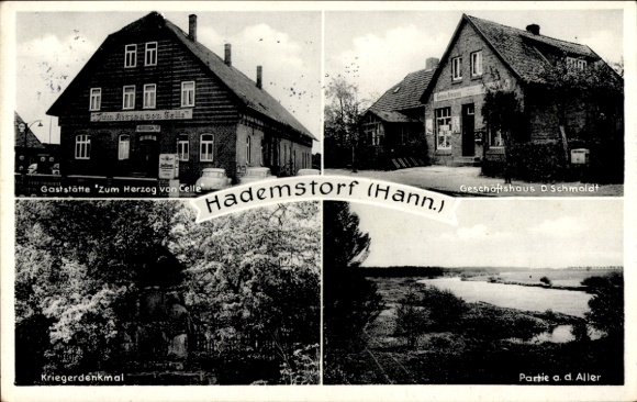 Postcard Hademstorf, Restaurant Zum duke von Celle, Shop D. Schmoldt, War Memorial, Aller