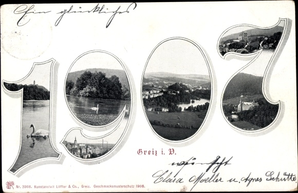 Year numbers PC Greiz im Vogtland, 1907, Schwanensee, place, surroundings, castle