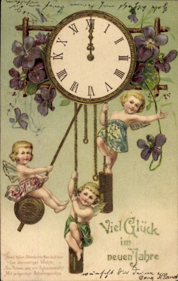 Embossed PC Happy New Year, clock, angel
