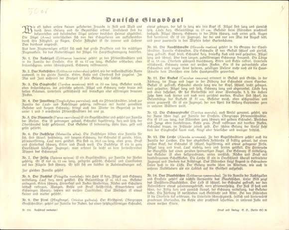 Timetable Sparkasse Herzogtum Gotha, German songbirds, blackbird thrush finch around 1930