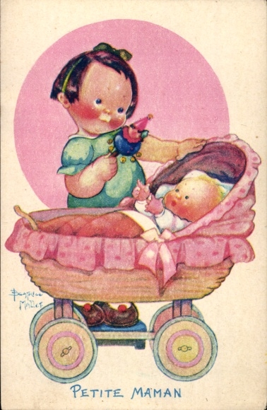Artist Postcard Mallet, Beatrice, Petite Maman, girl with rattle, baby, stroller