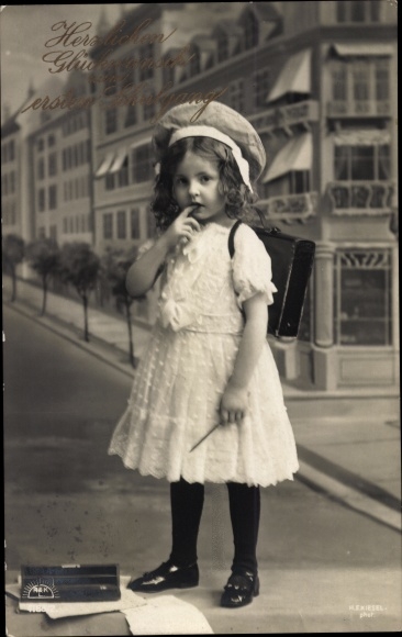 Postcard congratulations school enrollment, girl with satchel