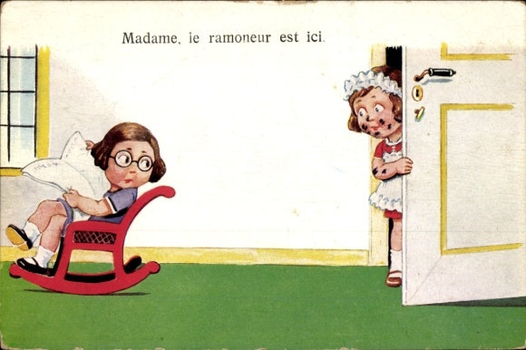 Artist Postcard Wills, John, Girl in a rocking chair reading the newspaper, Maid