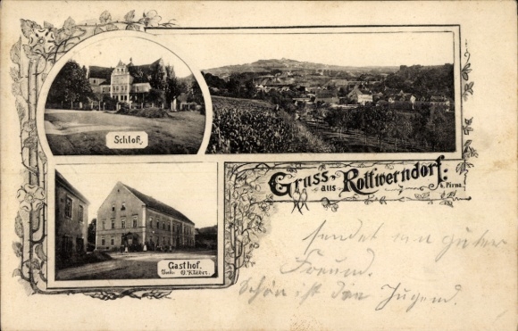 Passepartout Ak Rottwerndorf Pirna in Sachsen, Gesamtansicht, Schloss, Gasthof O. Kleber
