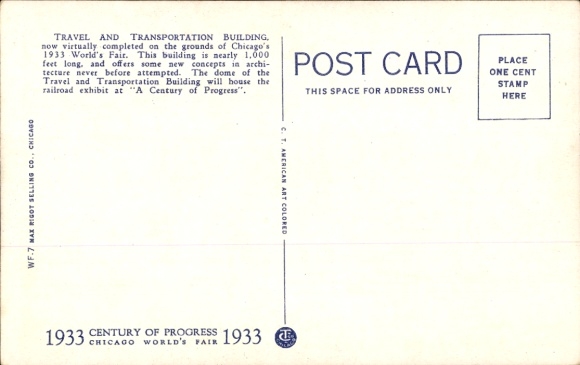 Postcard Chicago Illinois USA, Travel and Transportation Building, World's Fair 1933