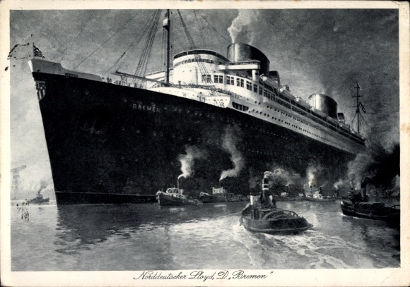Postcard four-screw turbine express steamer Bremen, North German Lloyd, tugboats