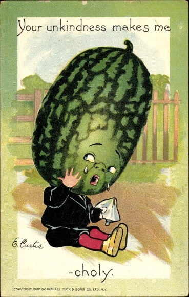 Artist Postcard Curtis, E., Humanized Crying Melon