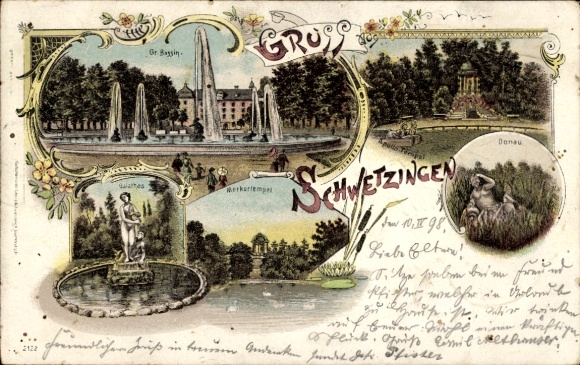 Chromo-Litho Schwetzingen in Baden, Palace Garden, Great Basin, Mercury Temple, Apollo Temple, Danube