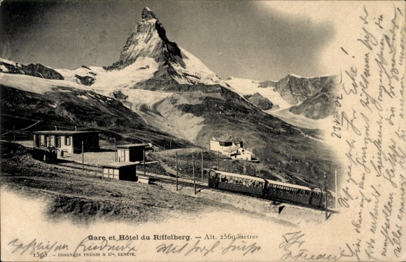 Postcard Zermatt Canton Valais, Riffelalp, Riffelberg, train station and hotel, Matterhorn