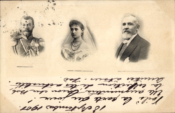 Postcard Tsar Nicholas II, Alexandra Feodorovna, French President Emilie Loubet