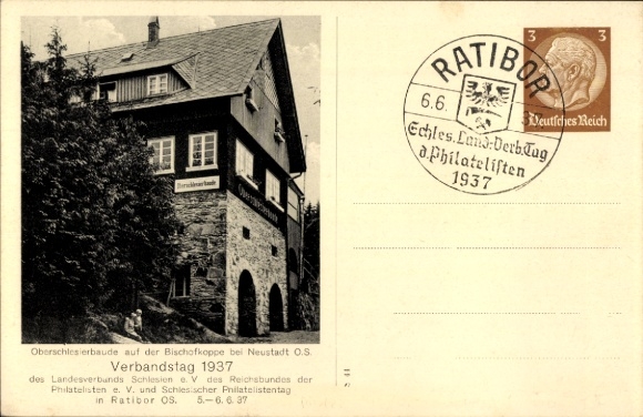 Postwaardekaart Neustadt Opper-Silezië, Verenigingsdag 1937, Reichsvereniging van Filatelisten, Baude
