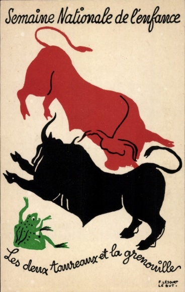 Artist Postcard Lesourt, The Two Bulls and the Frog, Fable, National Children's Week