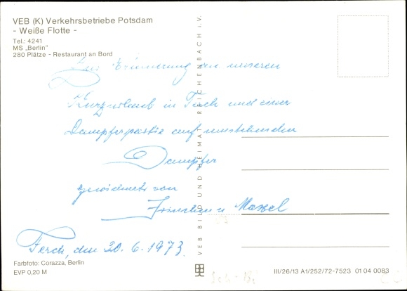 Postcard excursion ship MS Berlin, VEB Verkehrsbetriebe Potsdam, White Fleet