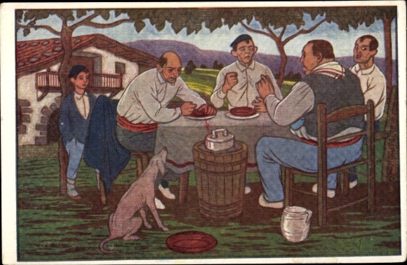 Ak Spanien, Männer am Tisch, Essen, Hund, Wohnhaus