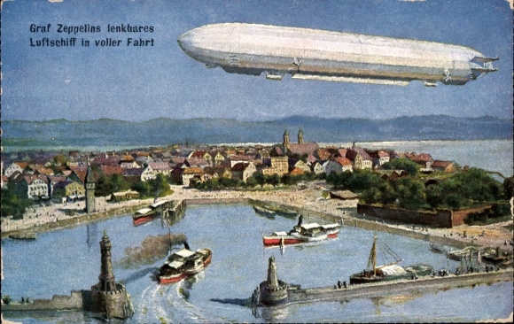 Ak Lindau am Bodensee Schwaben, Zeppelins lenkbares Luftschiff über der Stadt, Hafeneinfahrt