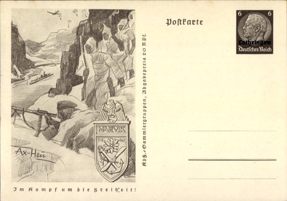 Postal stationery artist Postcard Axster Heudtlaß, In the fight for freedom, Narvik, mountain hunters in Norway