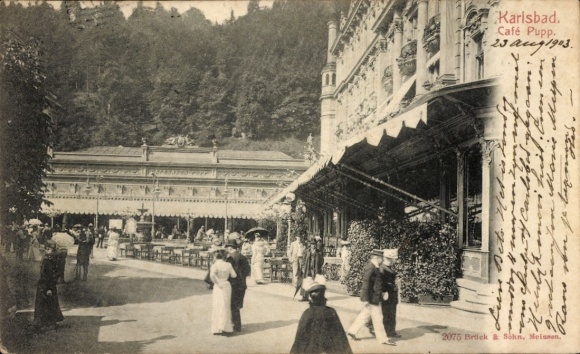 Postcard Karlovy Vary Karlsbad town, Café Pupp, spa guests, terrace