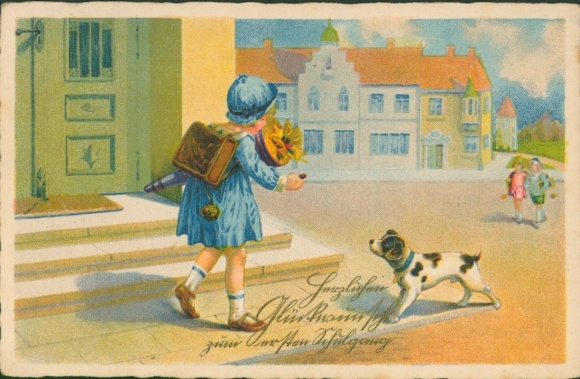 Postcard Congratulations School Enrollment, Student, School Cone, Dog