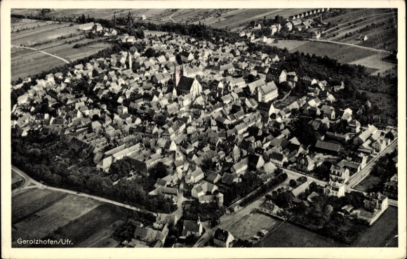 Postcard Gerolzhofen in Lower Franconia, aerial view of many houses, church, rural surroundings