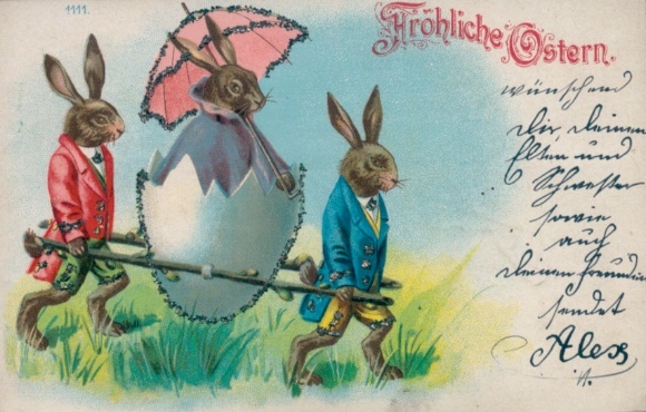Glitter Chromo-Litho Congratulations Easter, sedan chair bearer, Easter bunny, eggshell