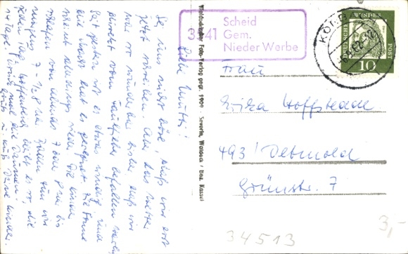 KP Landpoststempel 3541 Scheid Gem. Nieder Werbe