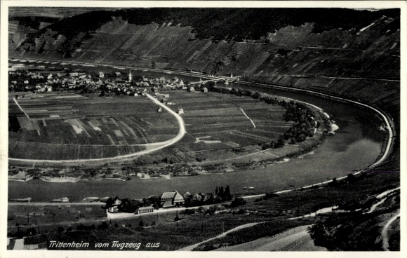 Postcard Trittenheim on the Moselle, river landscape, wine-growing areas, panorama, town of Trittenheim
