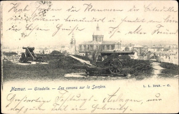Postcard Namur Wallonia, cannons of the citadel, view of Sambre, French text, old