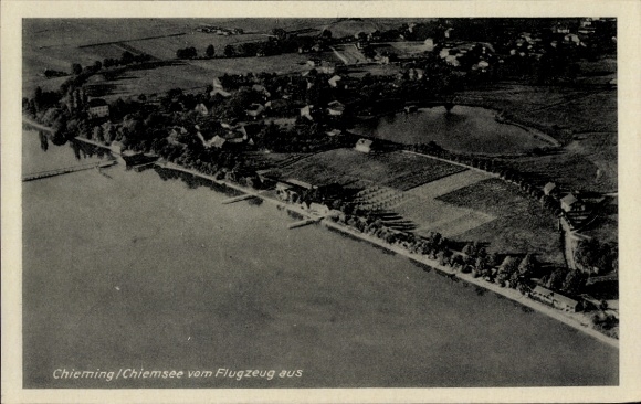 Postcard Chieming am Chiemsee Upper Bavaria, aerial view of Lake Chiemsee, surroundings with fields and buildings